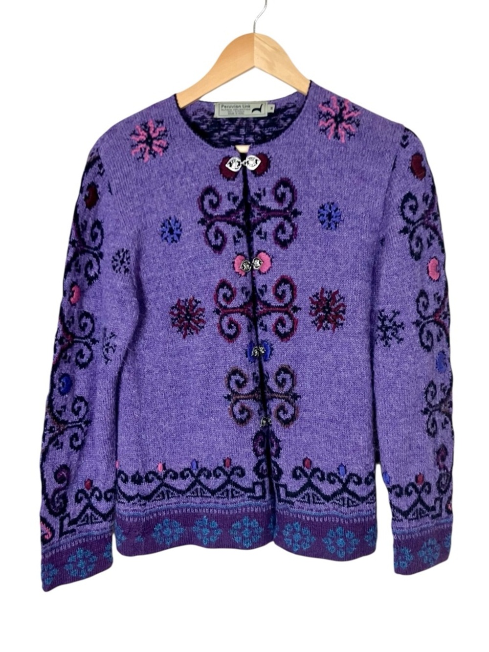 Peruvian Link Alpaca Intarsia Knit Cardigan with Metal Clasps Medium